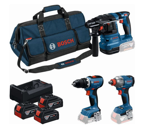 Bosch blue bosch professional 18v kit de herramientas - juego de combinación de herramientas - gsr 18v-65 + gdx 18v-285 + gbh 18v-22 + 3x batería gba 5.0ah 18v + gal 12v-18v-80