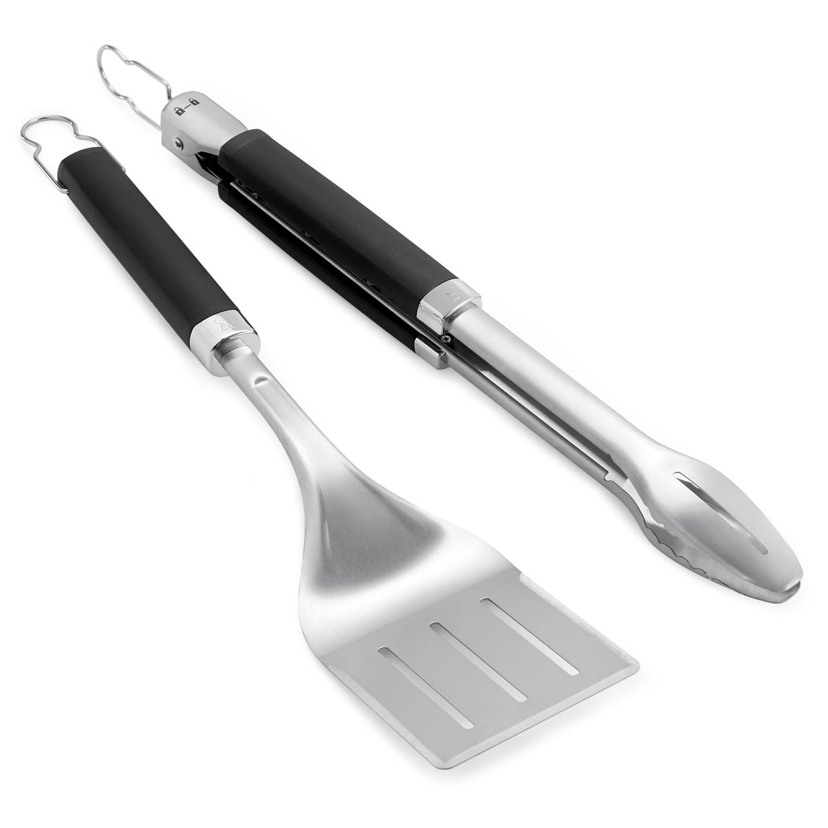 Weber Juego de pinzas y espátula para barbacoa de precisión, cubiertos para parrilla (acero inoxidable, negro)