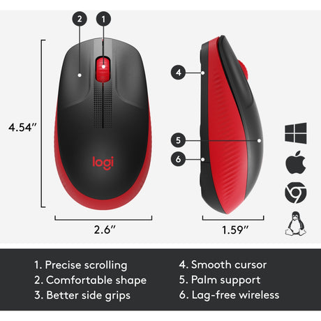 Ratón inalámbrico Logitech m190 de tamaño completo (rojo, 1000 ppp)
