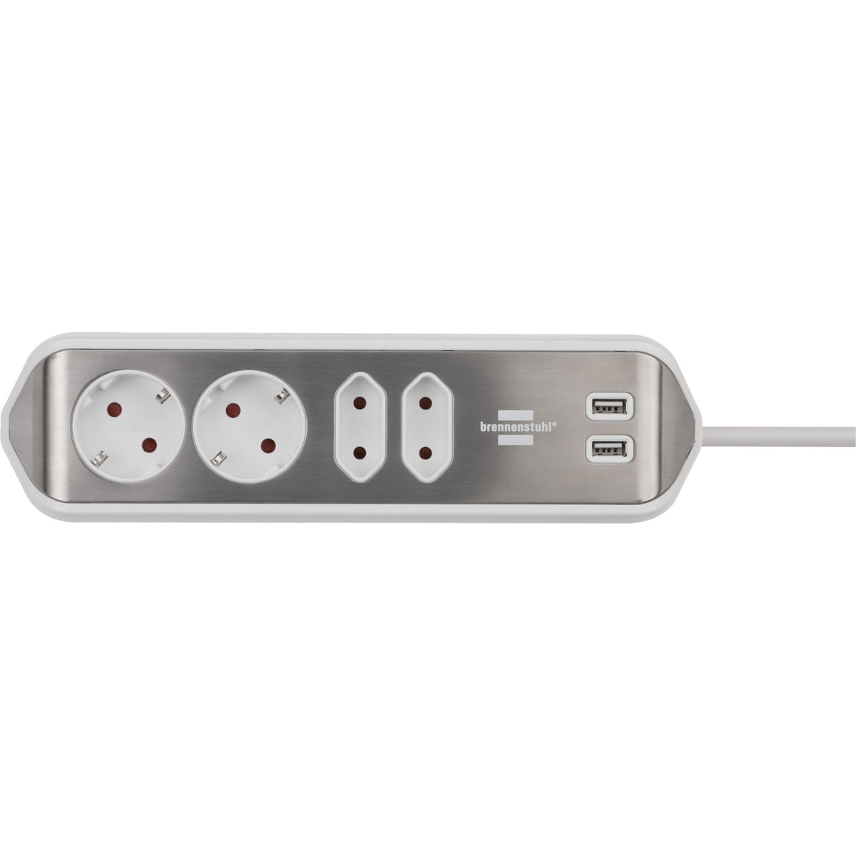 Brennerstuhl ®estilo regleta de caja de conexión de esquina con función de carga USB 4 vías 2x enchufes protectores 2x euro plata blanco