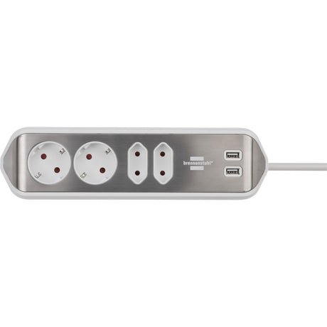 Brennerstuhl ®estilo regleta de caja de conexión de esquina con función de carga USB 4 vías 2x enchufes protectores 2x euro plata blanco