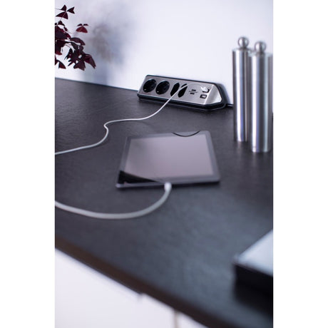 Brennerstuhl ®estilo regleta de caja de conexión de esquina con función de carga USB 4 vías 2x toma protectora 2x euro plata negro