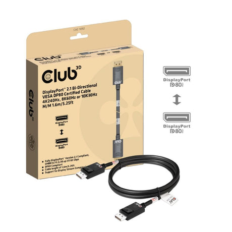 Club 3D Cable DisplayPort 2.1 Vesa DP80 Certificado Macho-Macho (Negro, 1,6 Metros, 8K 240Hz, 10K 60Hz, 80Gbps)