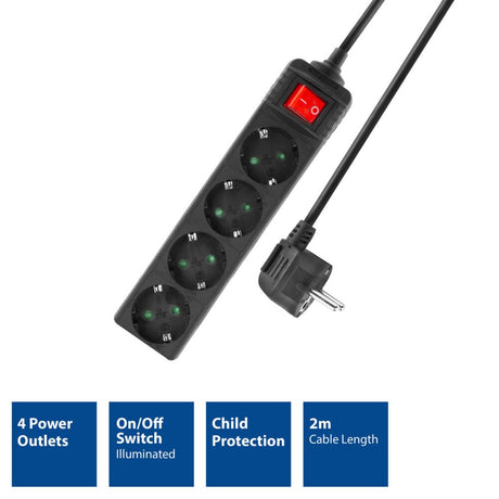 Act conectividad regleta act con interruptor luminoso, 4 tomas, 2 m, negro ac2440