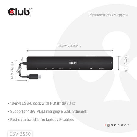 Club 3d 10-1 base portátil usb tipo c 10gbps a hdmi 8k30hz pd3.1 max.estación de acoplamiento de 140 vatios (negro, hdmi, usb-c, lan)