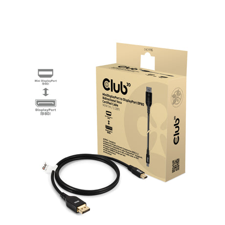 Club 3D Adaptador bidireccional Mini DisplayPort a DisplayPort DP80 (Negro, 1 metro, Certificado Vesa)