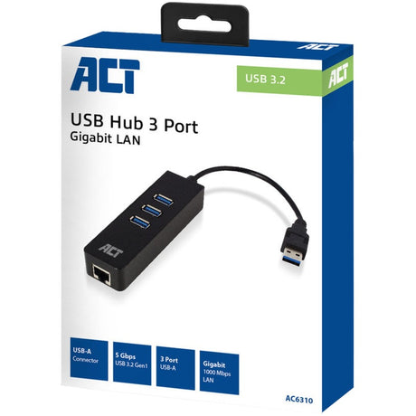 Conectividad Act ac6310 concentrador USB 3.2 con 3 puertos USB-A y concentrador USB Ethernet (negro)