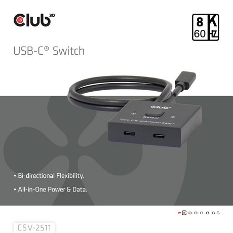 Club 3D USB-C vídeo bidireccional + datos + conmutador PD Conmutador USB (negro)