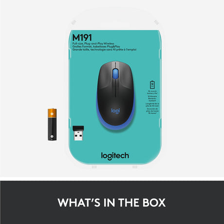 Ratón inalámbrico Logitech m190 de tamaño completo (azul, 1000 ppp)