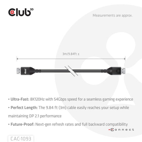 Cable Club 3D DisplayPort 2.1 certificado Vesa DP54 macho-macho (negro, 3 metros, 4K 240Hz, 8K 120Hz, 54Gbps)
