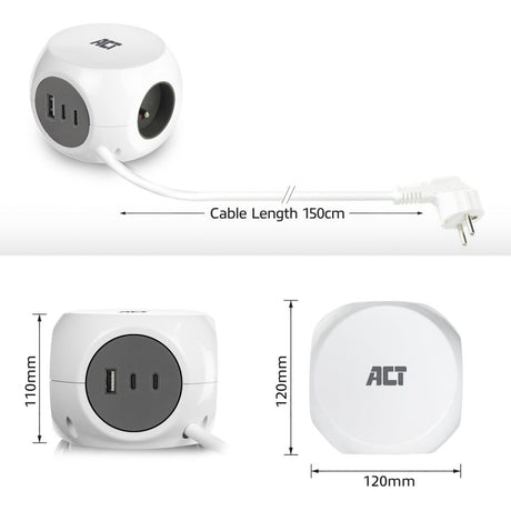 Regleta cúbica Act conectividad Act con 3 enchufes, puertos USB-C a de suministro de energía de 30w, longitud del cable 1,5m ac2425