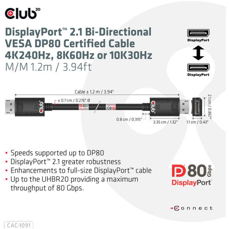 Cable Club 3D DisplayPort 2.1 Vesa DP80 Certificado Macho-Macho (Negro, 1,2 Metros, 4K 240Hz, 8K 60Hz, 80Gbps)