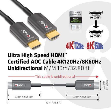 Club 3D Cable unidireccional Macho-Macho Certificado AOC HDMI 2.1 de Ultra Alta Velocidad (Negro, 10 Metros, 4K 120Hz, 8K 60Hz, 48Gbps)