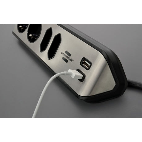 Brennerstuhl ®estilo regleta de caja de conexión de esquina con función de carga USB 4 vías 2x toma protectora 2x euro plata negro