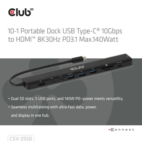 Club 3d 10-1 base portátil usb tipo c 10gbps a hdmi 8k30hz pd3.1 max.estación de acoplamiento de 140 vatios (negro, hdmi, usb-c, lan)