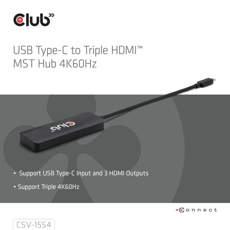 Adaptador Club 3D USB-C a Triple HDMI MST Hub 4K60Hz (negro)