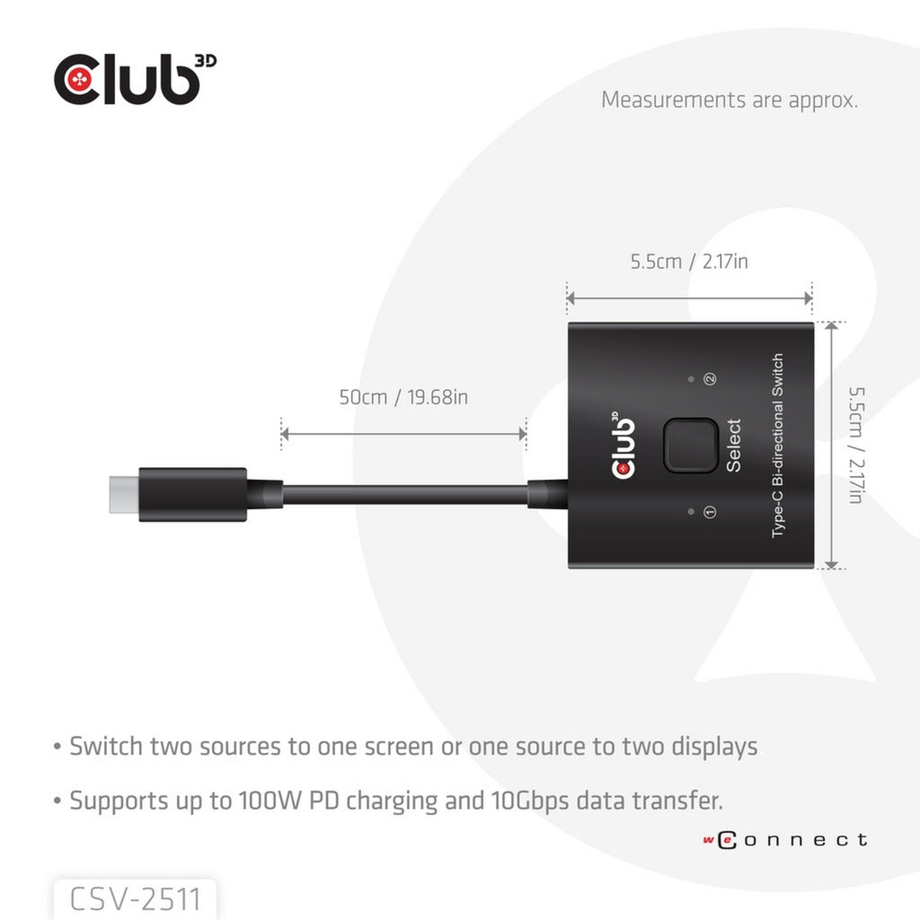 Club 3D USB-C vídeo bidireccional + datos + conmutador PD Conmutador USB (negro)