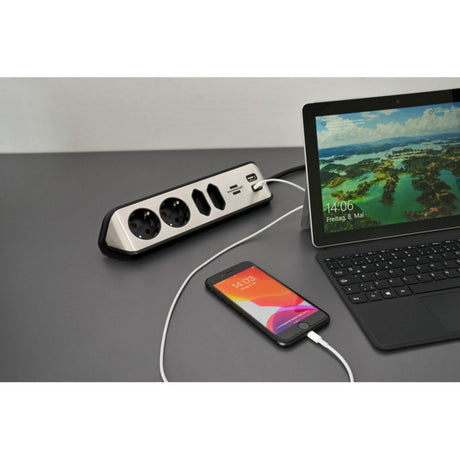 Brennerstuhl ®estilo regleta de caja de conexión de esquina con función de carga USB 4 vías 2x toma protectora 2x euro plata negro