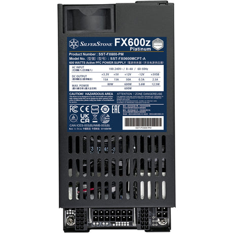 Fuente de alimentación modular Silverstone fx600z platinum de 600 vatios (negro, 1x 12v-2x6, 2x pcie)