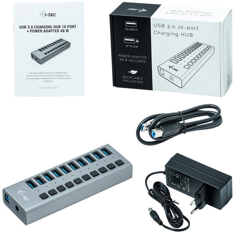 Hub de carga I-tec USB 3.0 de 10 puertos + adaptador de corriente Hub USB (negro)