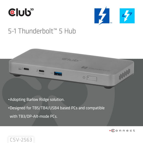 Estación de acoplamiento de vídeo triple Club 3D 5-1 Thunderbolt 5 Hub (gris)