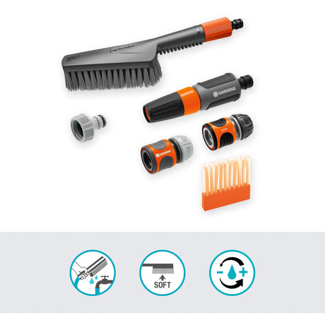 Set de limpieza Gardena cleansystem con cepillos suaves, barras de jabón y conectores para cepillos de lavado (gris naranja, 18862-20)