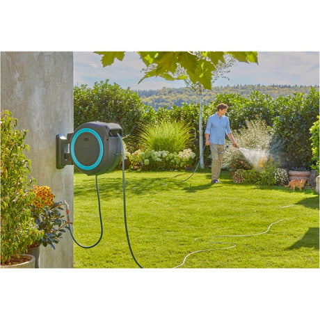 Caja de manguera de pared Gardena 35 m enrollador de manguera powerroll xl (gris turquesa, 35 metros, batería y cargador no incluidos, potencia para toda alianza)