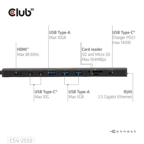 Club 3d 10-1 base portátil usb tipo c 10gbps a hdmi 8k30hz pd3.1 max.estación de acoplamiento de 140 vatios (negro, hdmi, usb-c, lan)