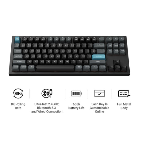 Teclado mecánico personalizado inalámbrico Keychron q3 ultra-m4 8k (negro, diseño estadounidense (qwerty), seda pom banana, 80% (tkl), rgb, intercambio en caliente, 8k, 2,4 ghz | bluetooth 5.2 | usb-c)