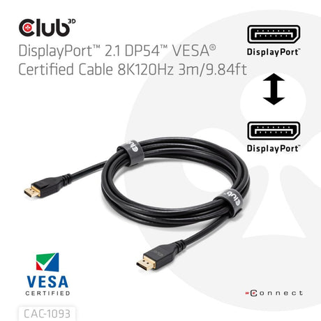 Cable Club 3D DisplayPort 2.1 certificado Vesa DP54 macho-macho (negro, 3 metros, 4K 240Hz, 8K 120Hz, 54Gbps)