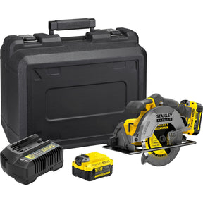 Sierra circular manual Stanley fatmax v20 18v (amarilla negra, estuche, 2 baterías (2.0ah) y cargador (4a) incluidos)