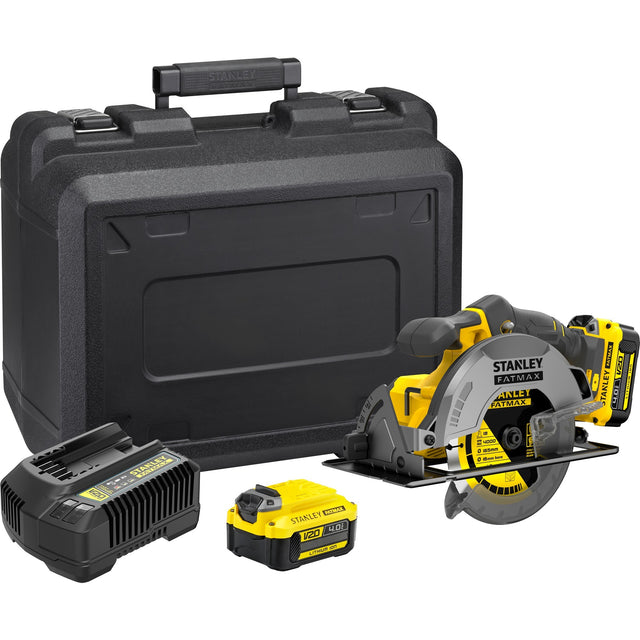 Sierra circular manual Stanley fatmax v20 18v (amarilla negra, estuche, 2 baterías (2.0ah) y cargador (4a) incluidos)