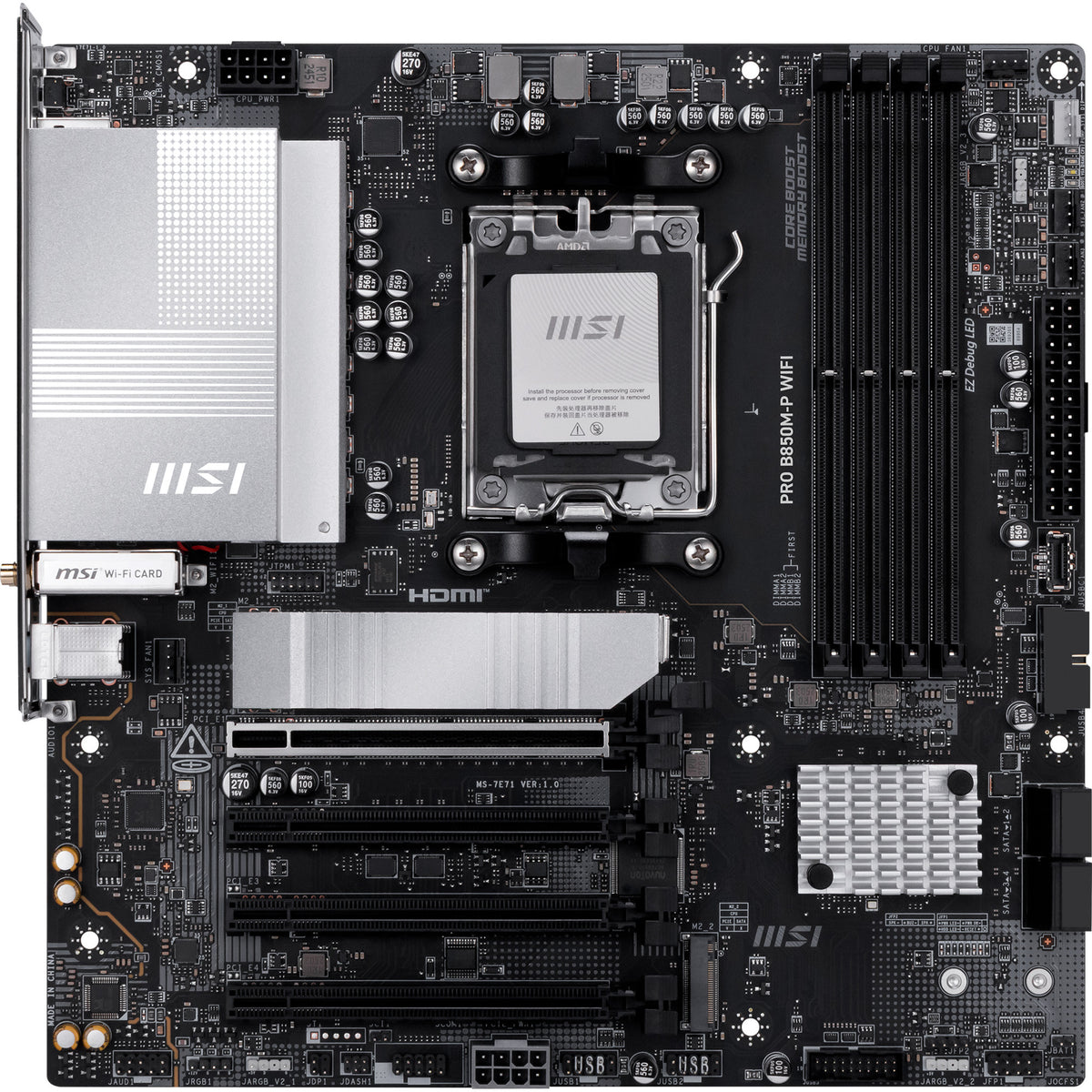 Placa base MSI Pro B850M-P WiFi Socket AM5 (negro plateado, RAID, 5GB-LAN, WiFi 7, BT, Sonido, µATX)