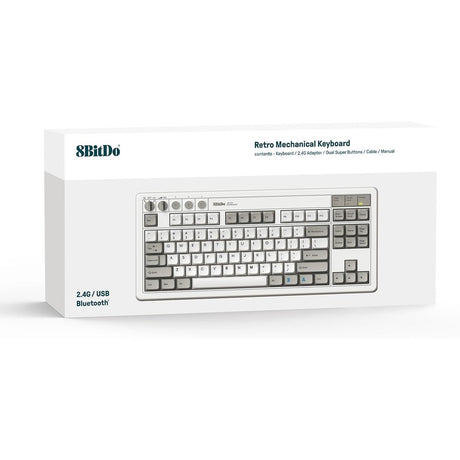 Teclado mecánico retro 8bitdo edición m (gris, diseño estadounidense (qwerty), caja kailh blanca, 80% (tkl), bluetooth de bajo consumo, inalámbrico 2,4 g, usb)