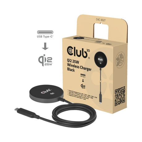 Club 3d cac-3027 qi2 25w draadloze oplader (zwart, 1x usb-c, qi-gecertificeerd, magsafe-compatibel, magnetisch pad)