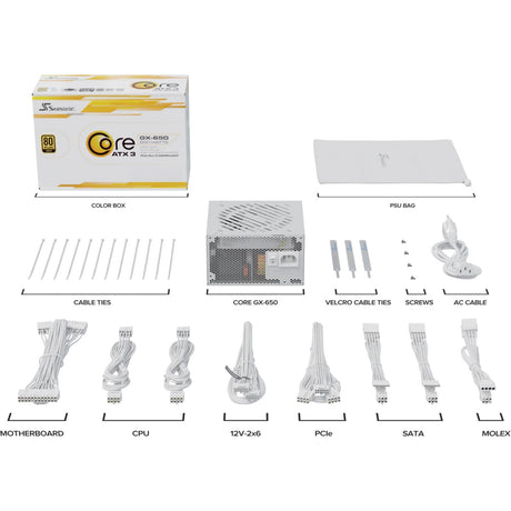 Fuente de alimentación modular Seasonic core gx-650-v2-white de 650 vatios (blanca, 1x 12v-2x6, 2x pcie)