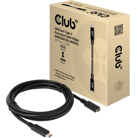 Cable de extensión Club 3D USB-C gen 1 (negro, 1 metro, 5 GBP, 60 vatios)