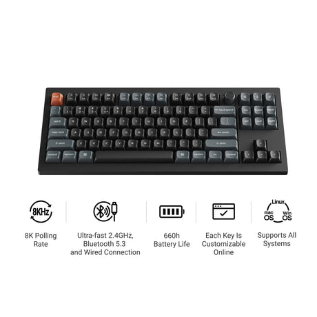 Teclado mecánico personalizado inalámbrico Keychron v3 ultra 8k (negro, diseño estadounidense (qwerty), seda pom banana, 80 % (tkl), rgb, intercambio en caliente, 2,4 ghz | bluetooth 5.3 | usb-c)