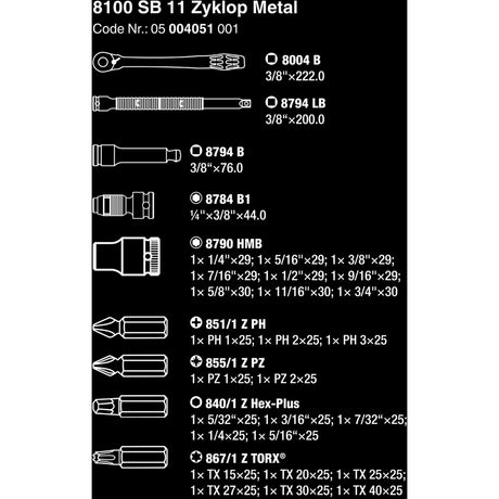 Wera 8100 sb 11 zyklop juego de trinquete metálico, 3 8 herramientas (negro verde, 29 piezas, trinquete totalmente metálico con accionamiento cuadrado)
