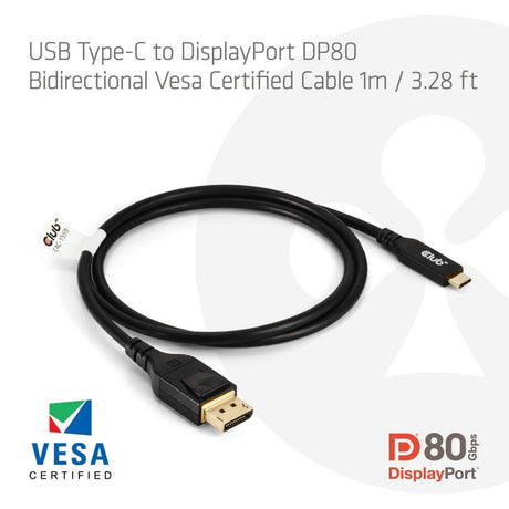 Adaptador bidireccional Club 3D USB-C a DisplayPort DP80 (negro, 1 metro, certificado VESA)