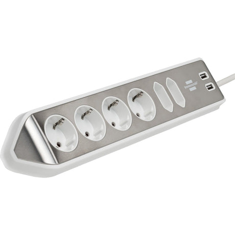 Brennerstuhl ®estilo regleta de caja de conexión de esquina con función de carga USB 6 vías 4x enchufes protectores 2x euro plata blanco
