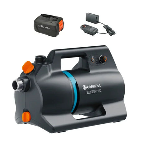 Bomba de riego a batería Gardena 3000 silenciosa 18v p4a juego listo para usar incl. batería y cargador (turquesa gris oscuro, 14610-20 | bomba | batería | cargador)