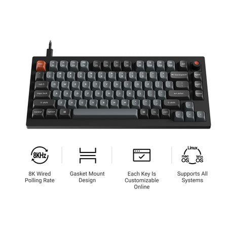 Teclado mecánico personalizado con cable Keychron v1w-d4 8k qmk (negro, diseño estadounidense (qwerty), super banana, 75%, leds rgb, pbt de doble disparo, intercambio en caliente, 8k, botón)