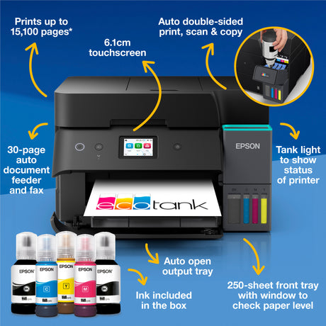 Impresora de inyección de tinta todo en uno Epson ecotank et-4950 (negro, fax, escaneo, copia, WiFi, incluye hasta 3 años de tinta)