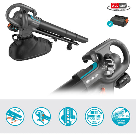 Aspirador gardena - soplador powerjet recogedor de hojas aspirador soplador de hojas (gris negro, batería 18v p4a y cargador incluido)