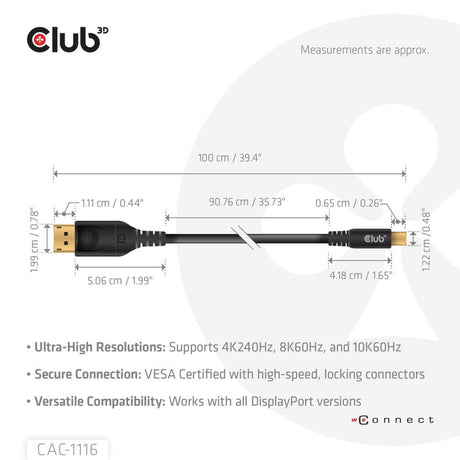 Club 3D Adaptador bidireccional Mini DisplayPort a DisplayPort DP80 (Negro, 1 metro, Certificado Vesa)