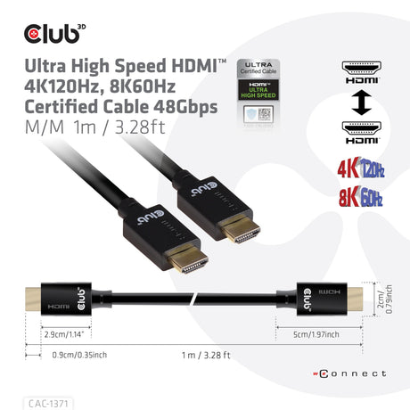 Cable HDMI de ultra alta velocidad Club 3D (negro, 1 metro, 4K 120Hz, 8K 60Hz, 48Gbps)
