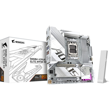 Placa base Gigabyte B850M Aorus Elite WiFi6E Ice Socket AM5 (blanco plateado, RAID, 2.5GB-LAN, WiFi 6E, BT, Sonido, µATX)