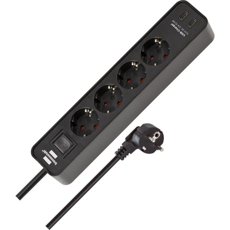 Brennerstuhl ecolor regleta de 4 vías con 2 conexiones de carga USB, regleta (negro, 2x USB-C)