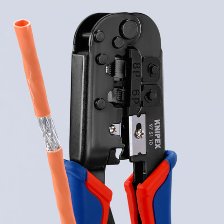 Alicates para engarzar Knipex 97 51 10 sb (azul rojo, conector RJ-11 12 y RJ-45)